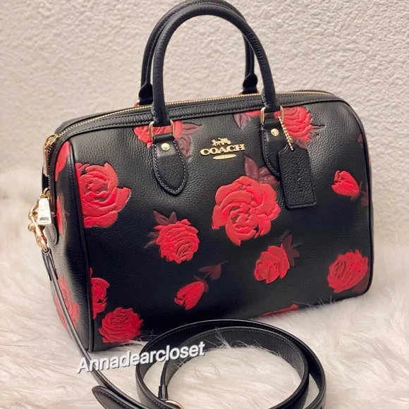 Coach Rowan Large Satchel Bag With Floral Print CCE27 in Black/Red - Picture 7 of 15